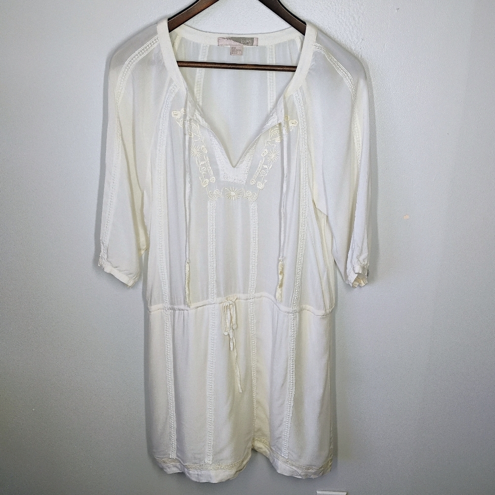 Forever 21 Y2K‎ Embroidered Tie Waist Dress Tassels Ivory Cottage Size Medium